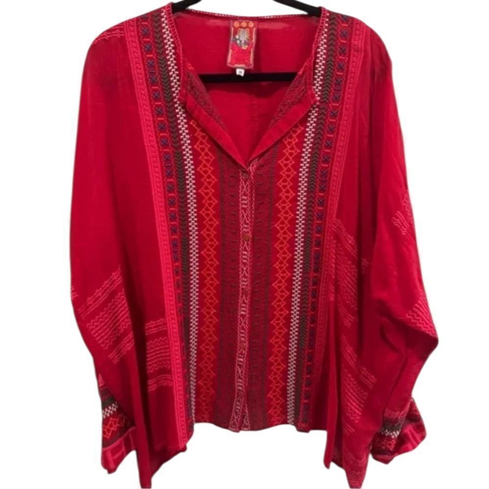 Johnny Was Red Embroidered Boho Blouse Women’s Small